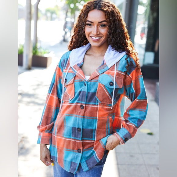 Teal Blue, & Orange Plaid Button Down Hooded Flannel, Medium Shacket, USA Made - Picture 4 of 14